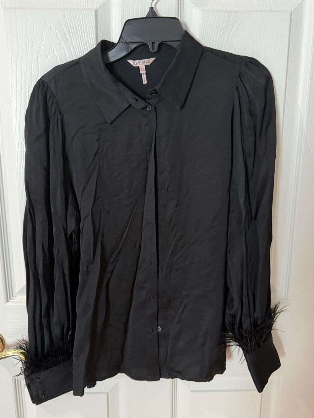 ESQUALO Black Feather-Cuff Button-Front Blouse size 8